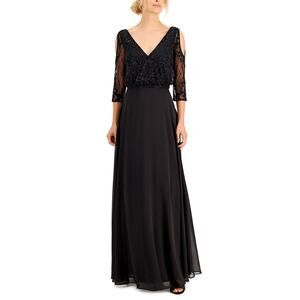JKara Women's Beaded Cold Shoulder Long A-Line Evening Gown Black Size 4 Dress